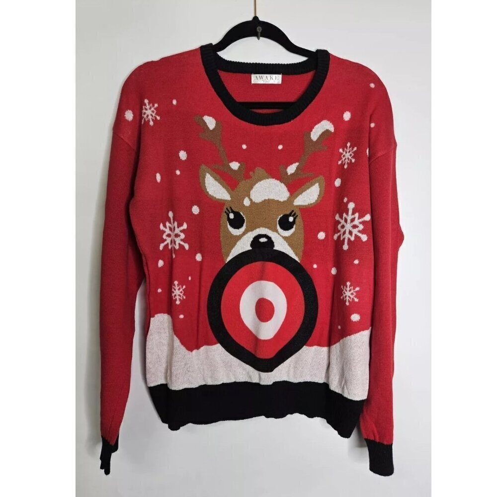Ugly Christmas Sweater Women's XL Red Rudolph Reindeer Snowflake Target Bullseye